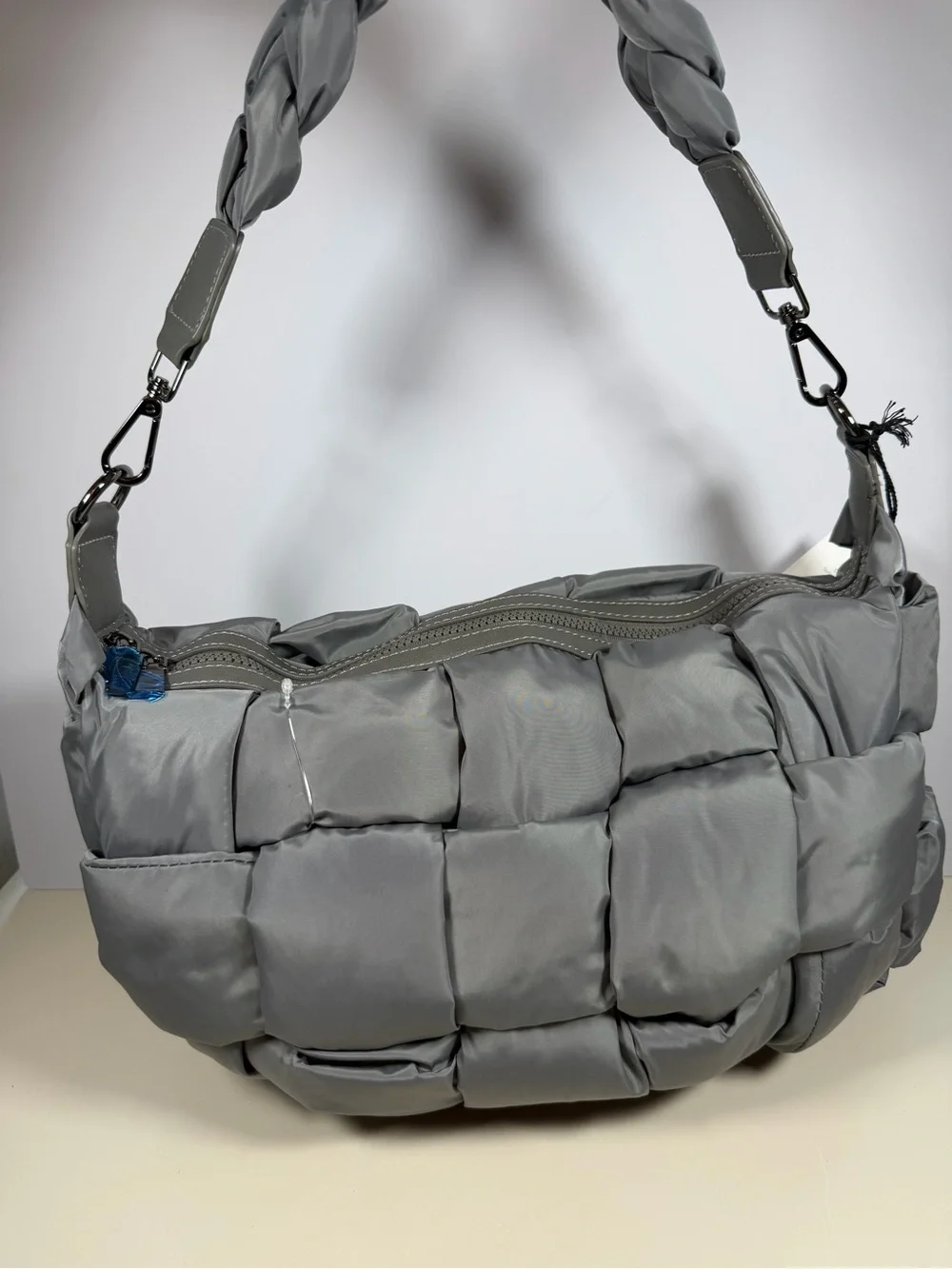 Quilted Braided-Handle Messenger Bag - Gray